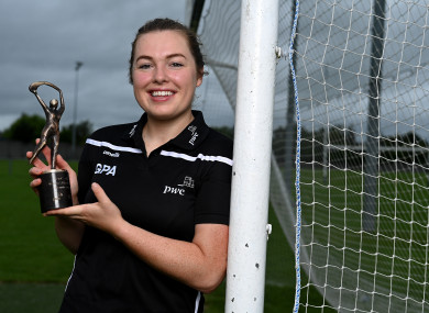 PwC GPA Women’s Player of the Month for May for camogie, Gráinne Egan (Offaly) with her award today at her home club Tullamore GAA