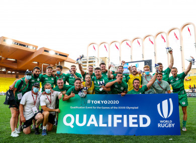 The Ireland team and staff celebrate qualifying for Tokyo 2020.