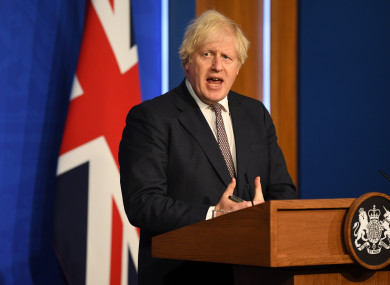 British Prime Minister Boris Johnson speaking during a media briefing in Downing Street, London