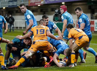 Dan Leavy scoring a try against Montpellier last season.