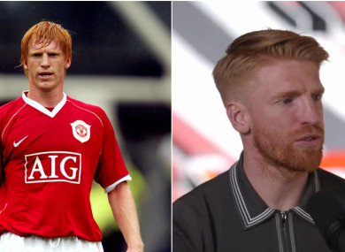 Then and now: McShane, left, in action in a United friendly game in 2006 and pictured at the confirmation of his return to the club.