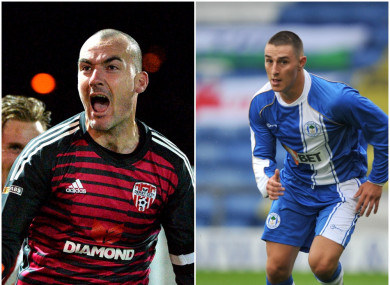 Gerard Doherty (L) in action for Derry City and Jordan Mustoe (R) during his Wigan Athletic days.