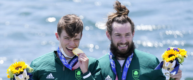 Fintan McCarthy and Paul O'Donovan, gold, on the podium for the Lightweight Men's Double Sculls