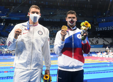 Gold medalist Evgeny Rylov of the Russian Olympic Committee and silver medalist Ryan Murphy of the United States after the men's 200m backstroke final.