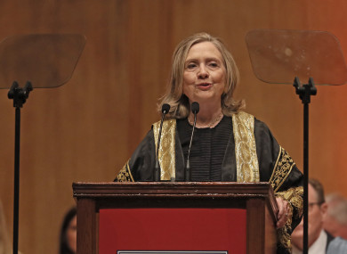 Hillary Clinton today speaking at Queen's University Belfast.