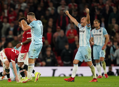 Mark Noble celebrates at the final whistle.