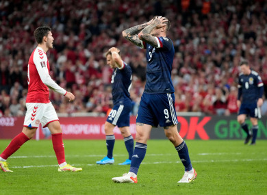 Scotland's Lyndon Dykes reacts to a missed chance.