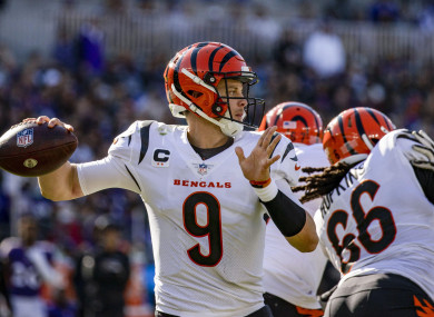 Cincinnati Bengals quarterback Joe Burrow (9) passes the ball against the Baltimore Ravens.
