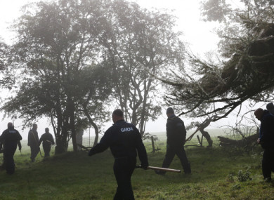 Gardai searching a wooded area near Usk Little, Kildare, in relation to investigations into the disappearance of women in the Leinster area including Deirdre Jacob and Jo Jo Dullard.