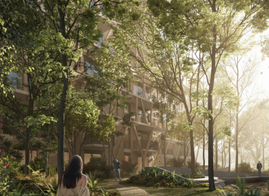 Artists impression of the proposed public open space design between building A & B.