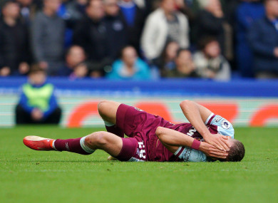 West Ham United's Tomas Soucek reacts on the floor during the Premier League match at Goodison Park.