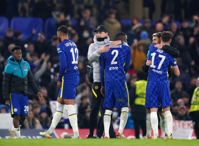 Thomas Tuchel celebrates with his Chelsea players.