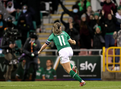 Katie McCabe celebrates after scoring Ireland's equaliser against Slovakia last night at Tallaght Stadium.