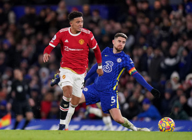 Jadon Sancho gets away from Jorginho before putting Manchester United ahead against Chelsea.