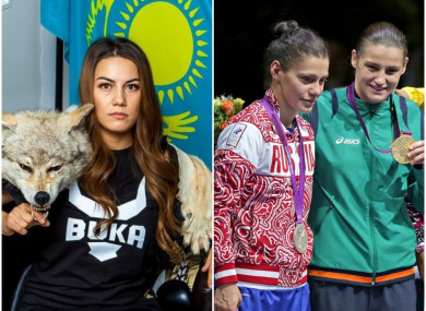 Left: Firuza Sharipova.
Right: Sofya Ochigava and Katie Taylor at the London 2012 medal ceremony.