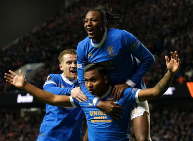 Rangers' Alfredo Morelos (centre) celebrates scoring.