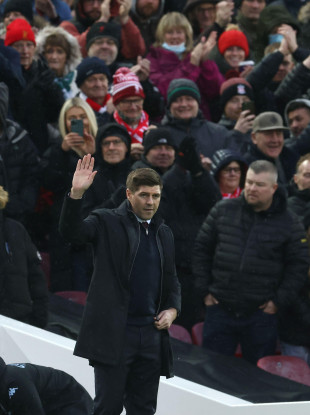 Steven Gerrard manager of Aston Villa acknowledges the crowd during the Premier League match at Anfield.