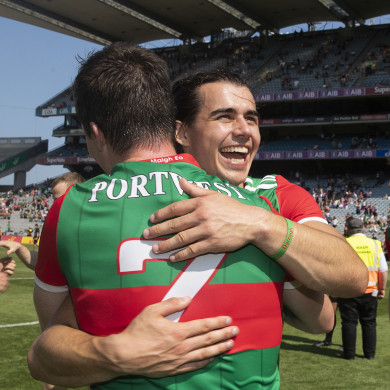 Mayo's Oisin Mullen celebrates after the Connacht final with Stephen Coen.