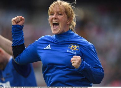 Tipperary selector and former Cork football goalkeeper Elaine Harte celebrates after the 2017 TG4 Ladies Football All-Ireland intermediate championship final.