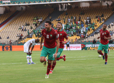 Selim Amallah celebrates after scoring for Morocco in today's victory in Yaounde.
