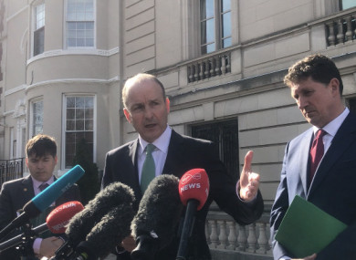 Taoiseach Micheál Martin and Transport Minister Eamon Ryan outside the Irish Embassy in Washington DC today.