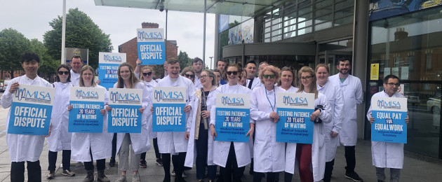 Medical scientists picketing outside the Mater Hospital in Dublin this afternoon.