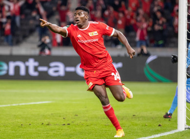 Taiwo Awoniyi celebrates a goal for Union Berlin.