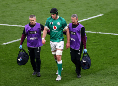 James Ryan leaves the field for a HIA during Ireland's Six Nations meeting with England earlier this year.