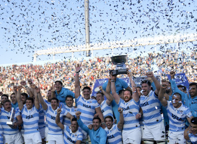 Argentina celebrate their Rugby Championship match victory against Australia.
