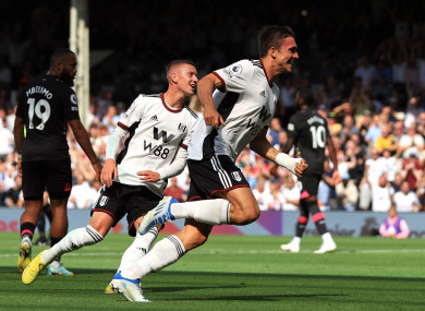 Fulham's Joao Palhinha celebrates scoring.