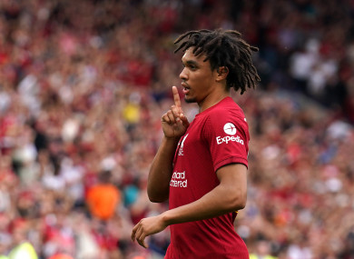 Trent Alexander-Arnold celebrates his goal in the Community Shield last week.