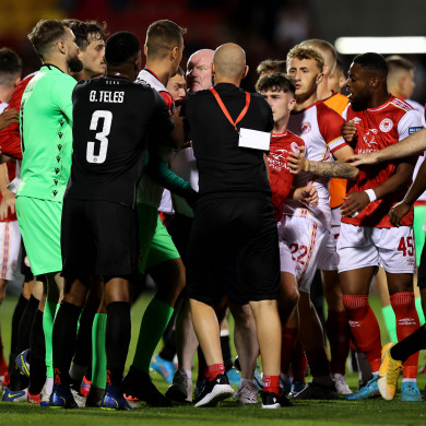 Pat's and CSKA Sofia clash players after the game.