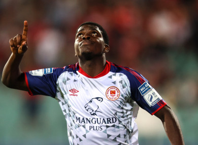 St. Patrick's Athletic Serge Atakayi celebrates scoring.