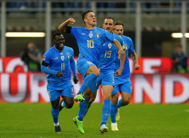 Italy's Giacomo Raspadori celebrates his goal against England.
