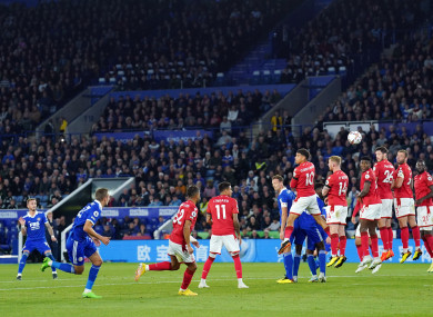 Leicester City's James Maddison scores their side's third goal of the game.