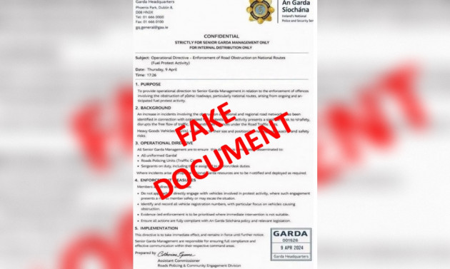 Gardaí aware of fake document shared on social media purporting to be 'operational directive'